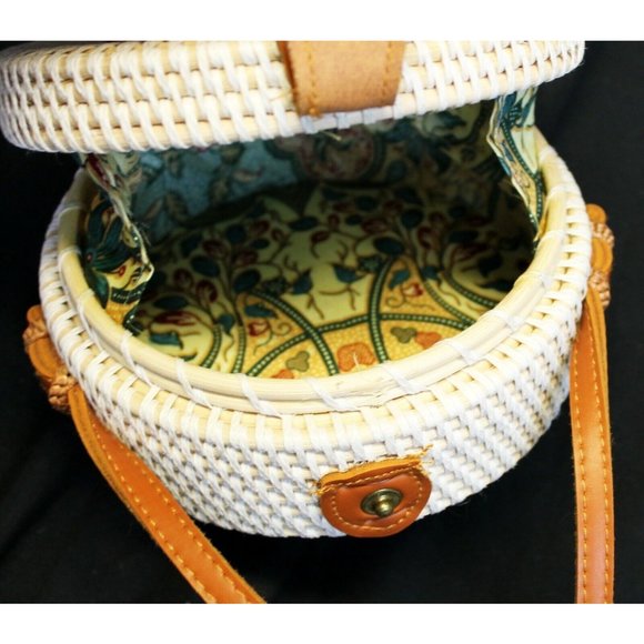 Round Crossbody Sm Woven Rattan White with Orange Accent, Brown Strap - Picture 10 of 10